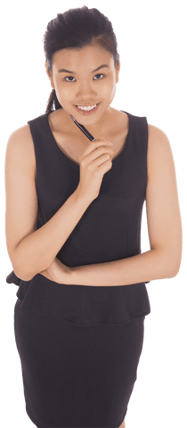 Smiling Asian Businesswoman in Black Dress Isolated on Transparent Background