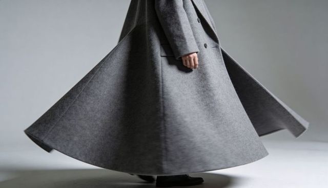 Spinning double-breasted grey overcoat creating dramatic full-skirt silhouette and motion