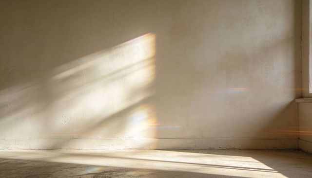 Diagonal sunlight casting warm prism streaks across empty textured room interior