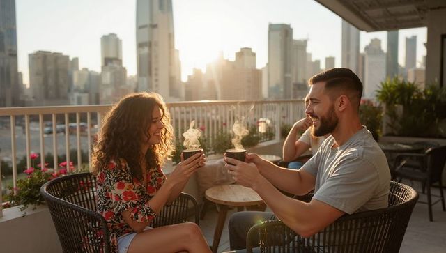 Couple toasting with steaming coffee cups on urban rooftop terrace at sunset
