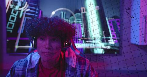 Curly gamer wearing headset streaming neon-lit gameplay with math grid overlay
