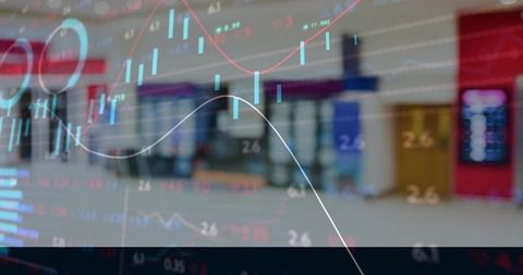 Financial charts overlaying blurred corporate lobby with candlestick bars and trend lines