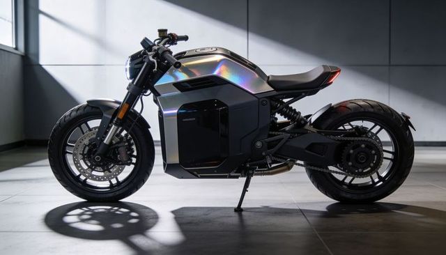 Iridescent electric motorcycle in minimalist showroom, sleek futuristic cafe racer