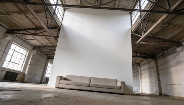 Beige three-seater sofa sitting against towering white backdrop in industrial loft
