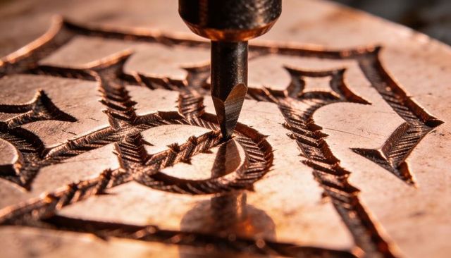 Macro copper engraving with rotary cutter creating intricate crosshatch grooves and filigree