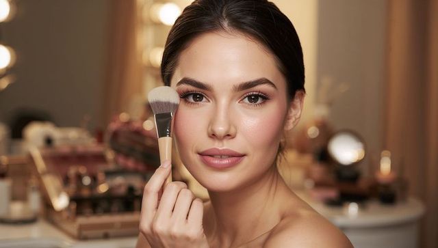 Young woman applying blush with powder brush at illuminated vanity mirror, glowing skin