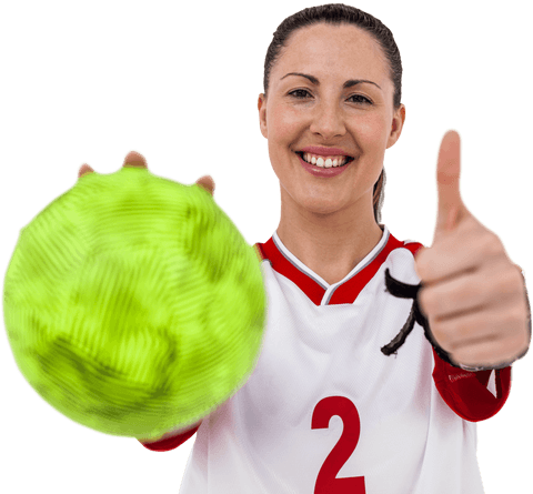 Sportswoman Holding Ball Smiling with Thumb Up Transparent Background