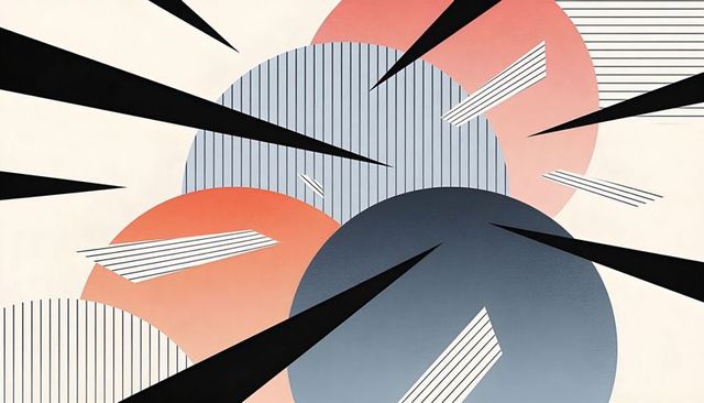 Midcentury geometric orbs with radial shards and striped accents in soft gradient palette