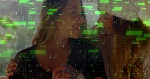 Digital Binary Overlay on Two Women Nursing Infant