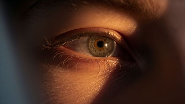 Hazel eye catching warm light macro detail showing iris texture and corneal highlight