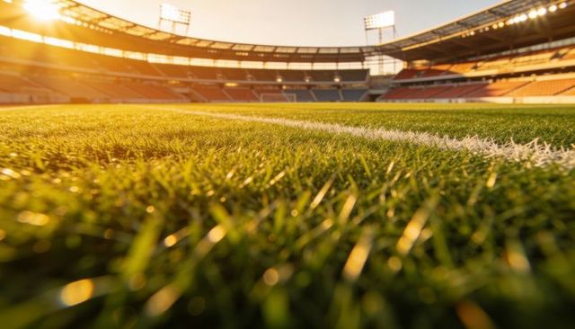 Close-up stadium turf at golden hour with white sideline leading into sunlit empty stands