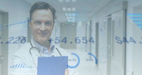 Doctor Analyzing Data with Futuristic Infographics in Hospital Corridor