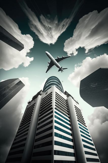 Cityscape of modern skyscrapers over airplane on sky and clouds, using generative ai technology. Cityscape, airplanes and modern concept digitally generated image.