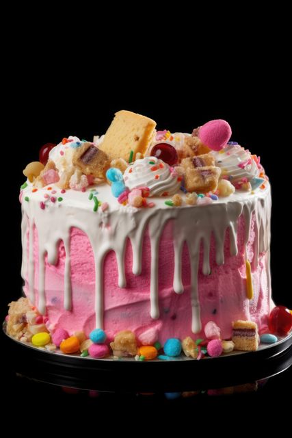 Pink ice cream cake with white icing and sweets on top, created using generative ai technology. Cake, celebration, treat, sweet food and deserts concept digitally generated image.