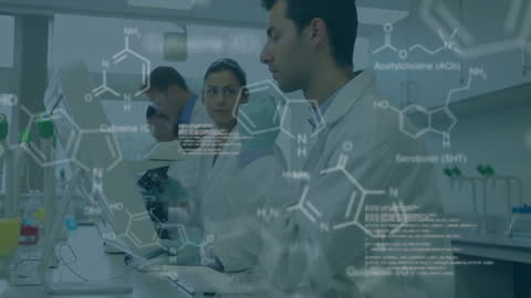 Animated Data Overlay on Scientists in Biochemistry Lab