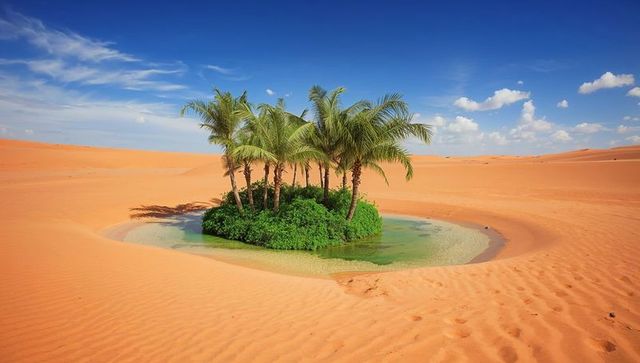 Circular oasis sitting in orange desert dunes with turquoise pool, palm trees and footprints
