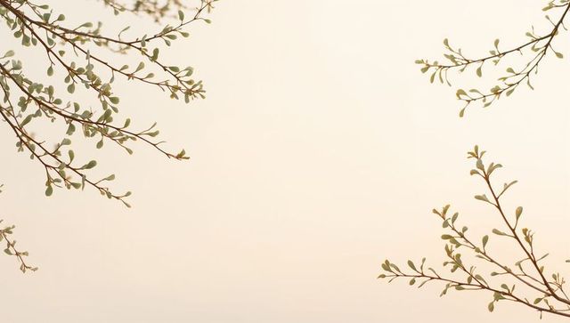Minimalist beige branches with delicate oval leaves and buds — serene botanical background
