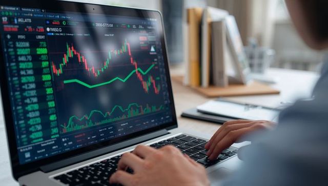 Monitoring stock candlestick charts on laptop for remote trading and market analysis