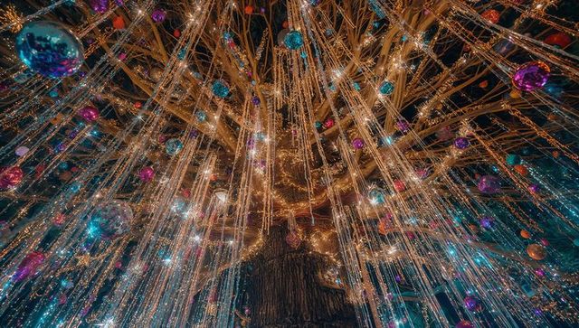Luminous Tree Installation With Golden Lights and Metallic Ornaments