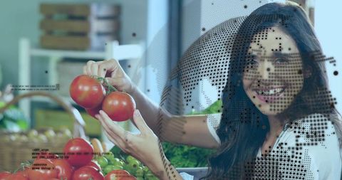 Woman inspecting vine tomatoes at farmers market with rustic baskets and digital halftone