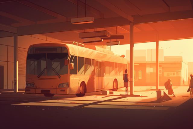 People silhouetted standing at bus station during sunset. Warm orange light creates serene urban scene. Perfect for transport themes, evening commute, city life, and waiting moments.