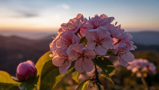 Backlit pink blossom cluster on sunset hillside showing rim-lit petals and bud, golden hour