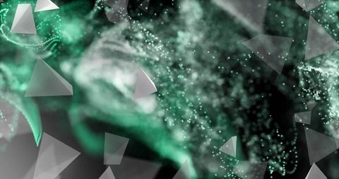 Futuristic green glowing particles with floating pyramids in digital space