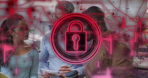 Team Collaborating Behind Cybersecurity Digital Padlock Hologram