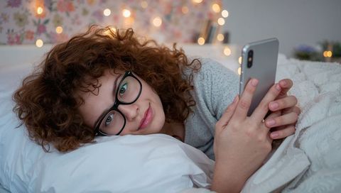 Woman Relaxing in Cozy Bedroom Holding Smartphone