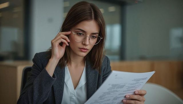 Focused professional woman reading document in modern office wearing glasses and blazer