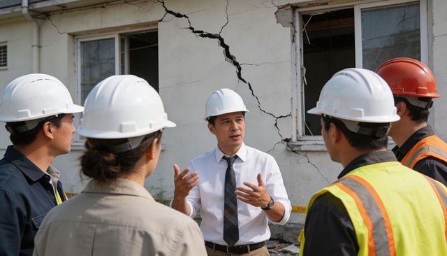 Engineer briefing construction team at cracked facade during structural inspection
