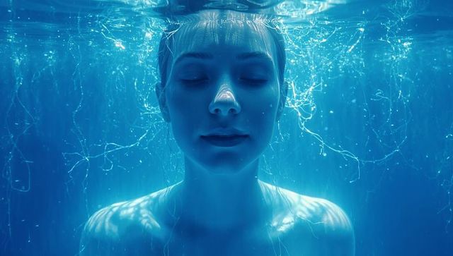 Underwater serenity floating woman with closed eyes, shimmering caustics and bubbles