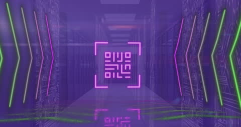 Futuristic QR Code and Data Streams in a Server Room
