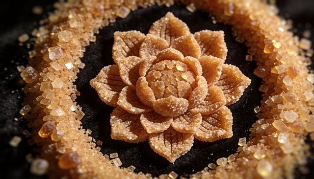 Handcrafted brown sugar lotus on dark slate surrounded by amber sugar crystals macro close-up