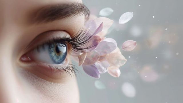 Blue eye with long lashes blooming pastel petals, dreamy surreal macro beauty