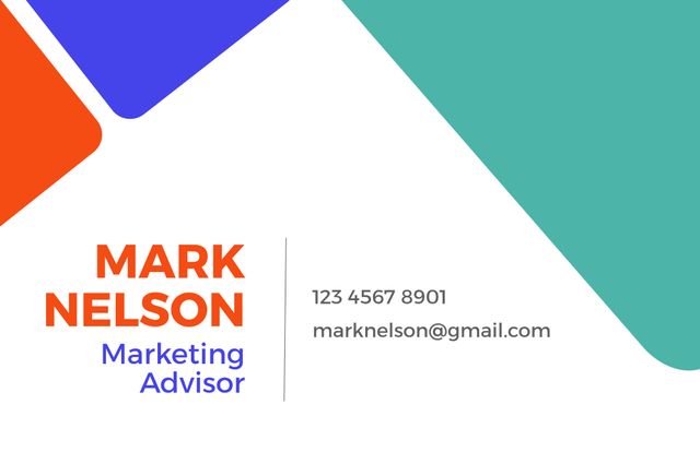 This modern business card template features the name and contact details of a marketing advisor. The design includes bold colors and a clean layout, making it suitable for professionals looking to make a strong first impression. Ideal for corporate business cards, networking, marketing events, and personal branding.