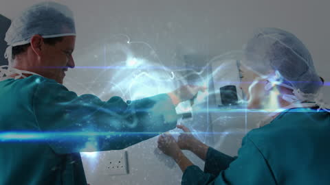 Surgeons in Operating Theater with Digital Network Overlay