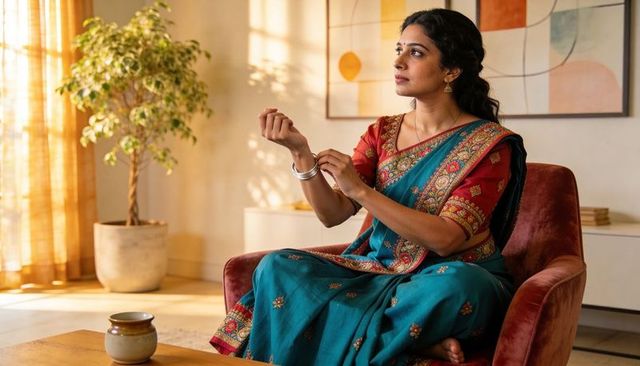 Adjusting bangles in teal saree on velvet armchair, sunlit living room with potted plant