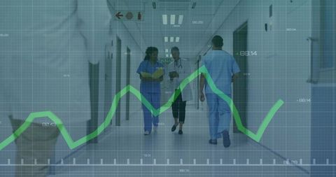Medical team analyzing data in hospital corridor with graph overlay