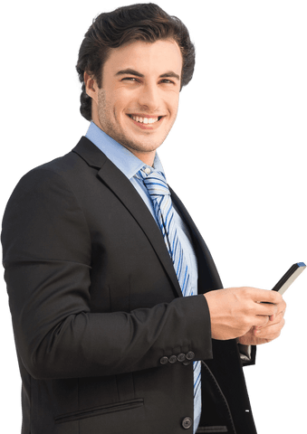 Smiling caucasian businessman using smartphone on transparent background