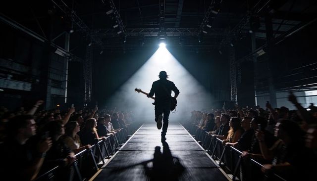 Silhouette Guitarist Running Down Catwalk Toward Spotlight at Rock Concert