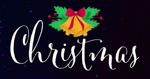 Elegant christmas calligraphy lettering with golden bells and holly on dark bokeh backdrop
