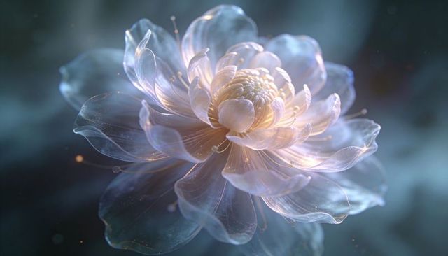 Translucent glasslike blossom glowing in soft backlight, pearlescent macro detail