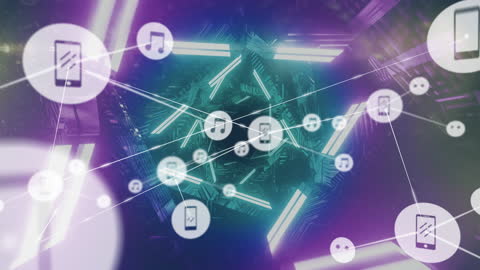 Digital Network Connections with Neon Geometric Shapes