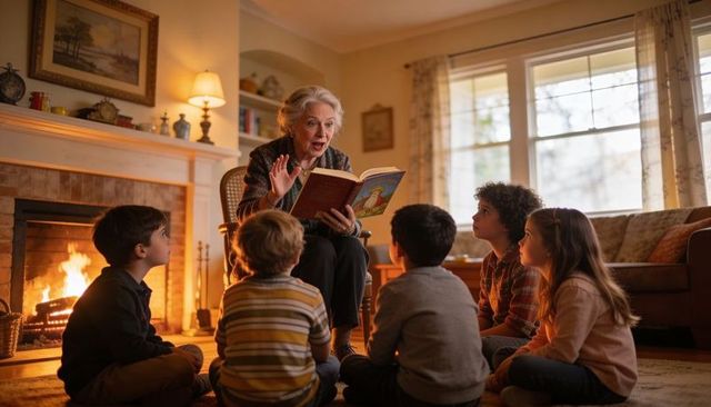 Grandmother reading storybook to children around fireplace, warm intergenerational storytime