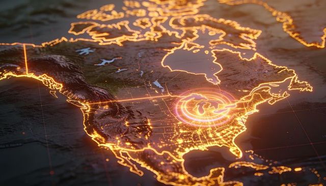 Highlighting great lakes tech hub with neon network overlay on 3d north america map