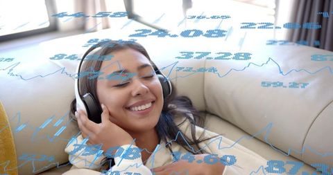 Relaxing with headphones, smiling woman lounging on couch with overlayed financial charts