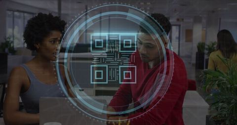 Coworkers analyzing digital security report at office desk