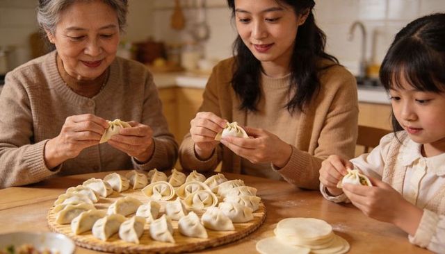 Grandmother, mother, daughter making dumplings together in cozy home kitchen