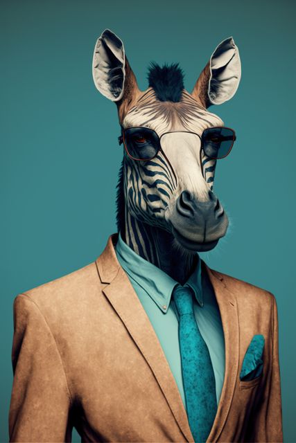 Portrait of zebra with sunglasses and suit, on blue, created using generative ai technology. Nature and style concept, digitally generated image.